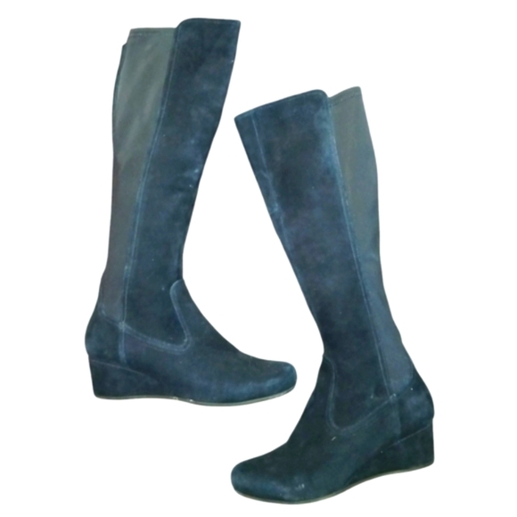 Rockport Black Suede Knee High Boots Women's Tall Black Wedge Boots size 5 - Picture 1 of 13